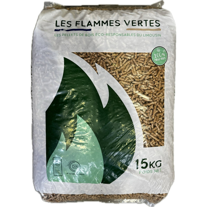 Holzpellets Palette 975 kg Les Flammes Vertes – 100% Nadelholz, DIN Plus, Französische Produktion
