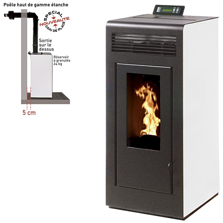 Pelletkamin MARINA 13 kW Weiss mit oberem Rauchabgang und VentKit